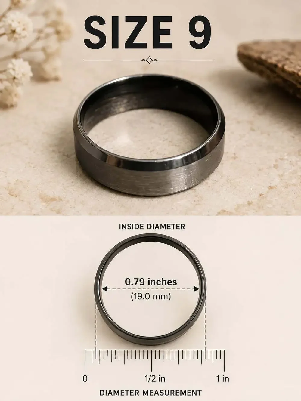 Mens Brushed Gunmetal Tungsten Wedding Band with Beveled Polished Edges Size 9